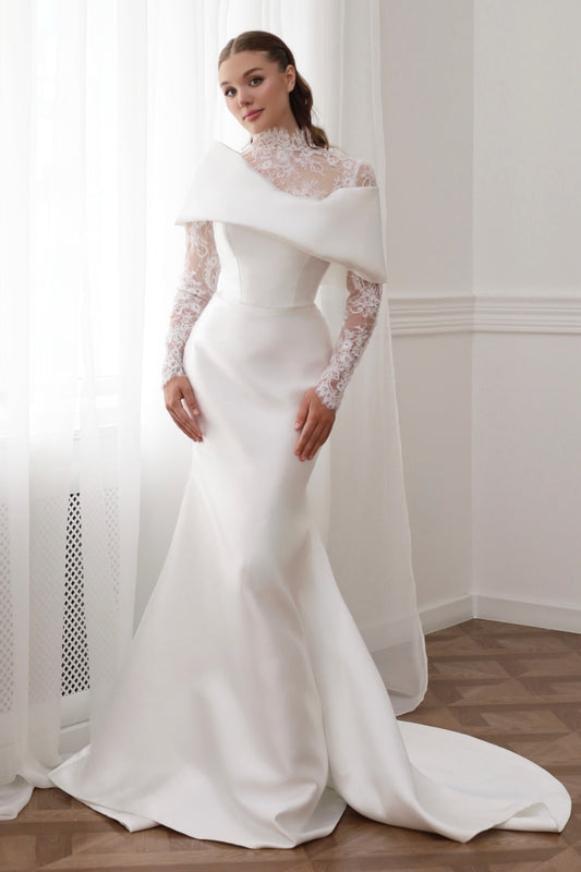 High Neck Lace Long Sleeve Trumpet Wedding Dress
