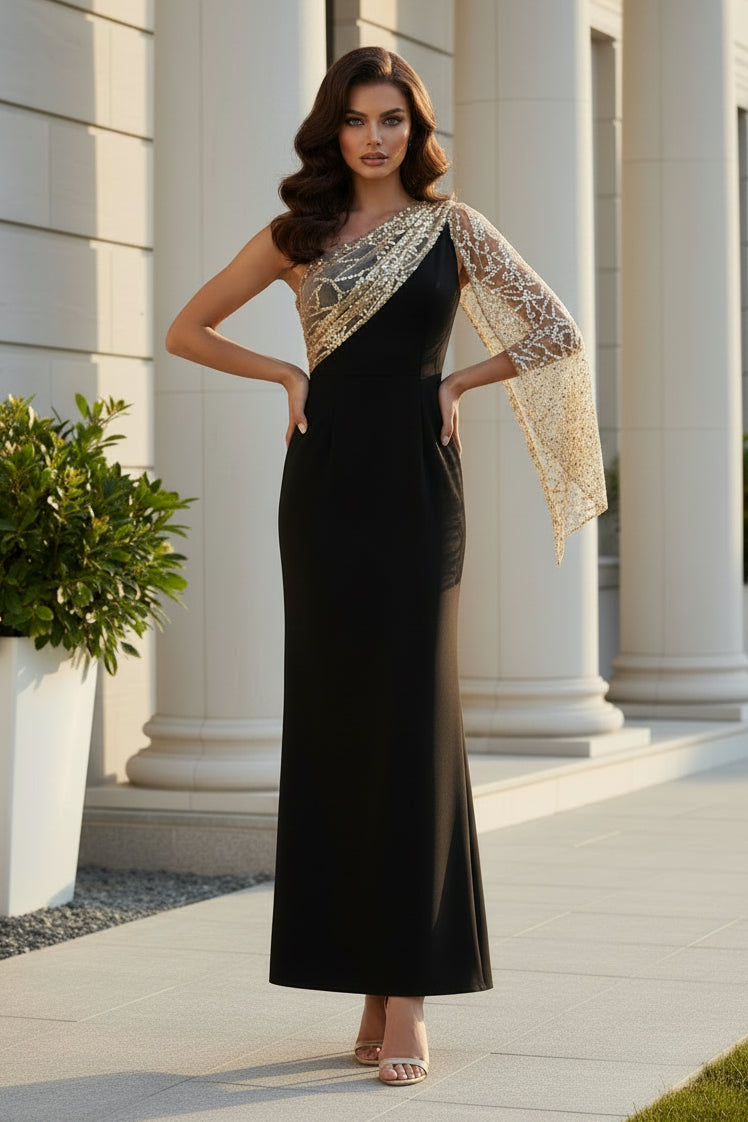 One-Shoulder Column Gown with Sequined Cape
