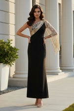 One-Shoulder Column Gown with Sequined Cape