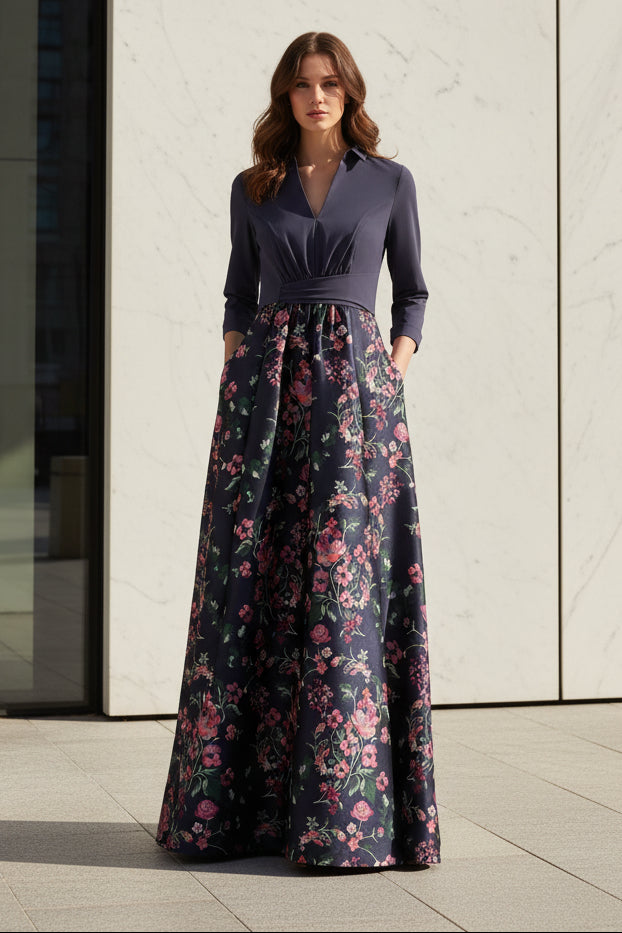 Floral Skirt Collared Evening Gown