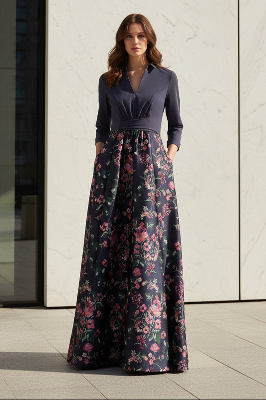 Floral Skirt Collared Evening Gown