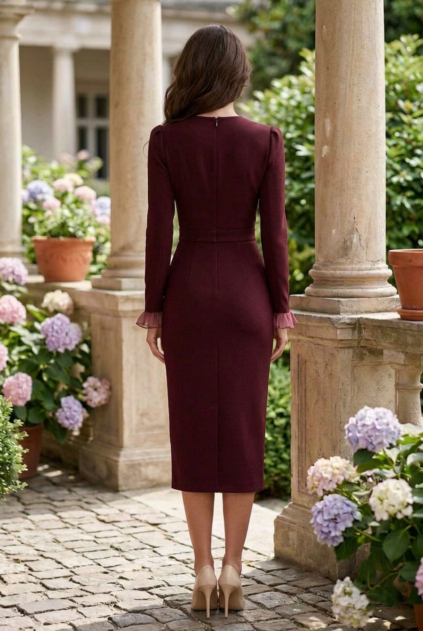 Ruffle-Trim Long Sleeve Midi Dress with Flap Pockets