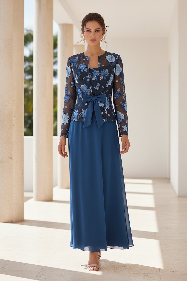 Embroidered Floral Jacket Dress with Waist Tie