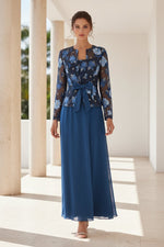 Embroidered Floral Jacket Dress with Waist Tie