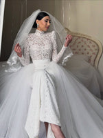 High Neck Lace Mermaid Wedding Dress with Detachable Train