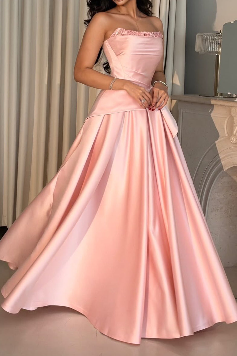 Strapless Satin Gown with Peplum Detail