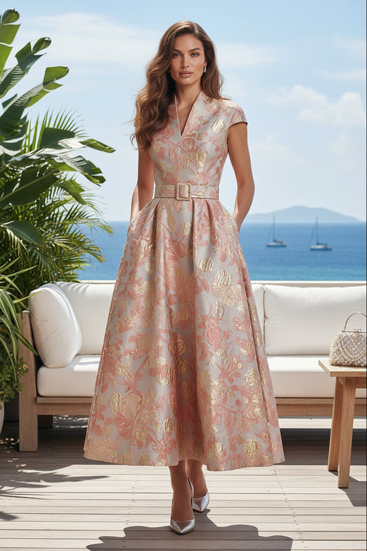 Floral Jacquard Belted A-Line Tea-Length Dress