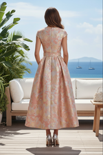Floral Jacquard Belted A-Line Tea-Length Dress