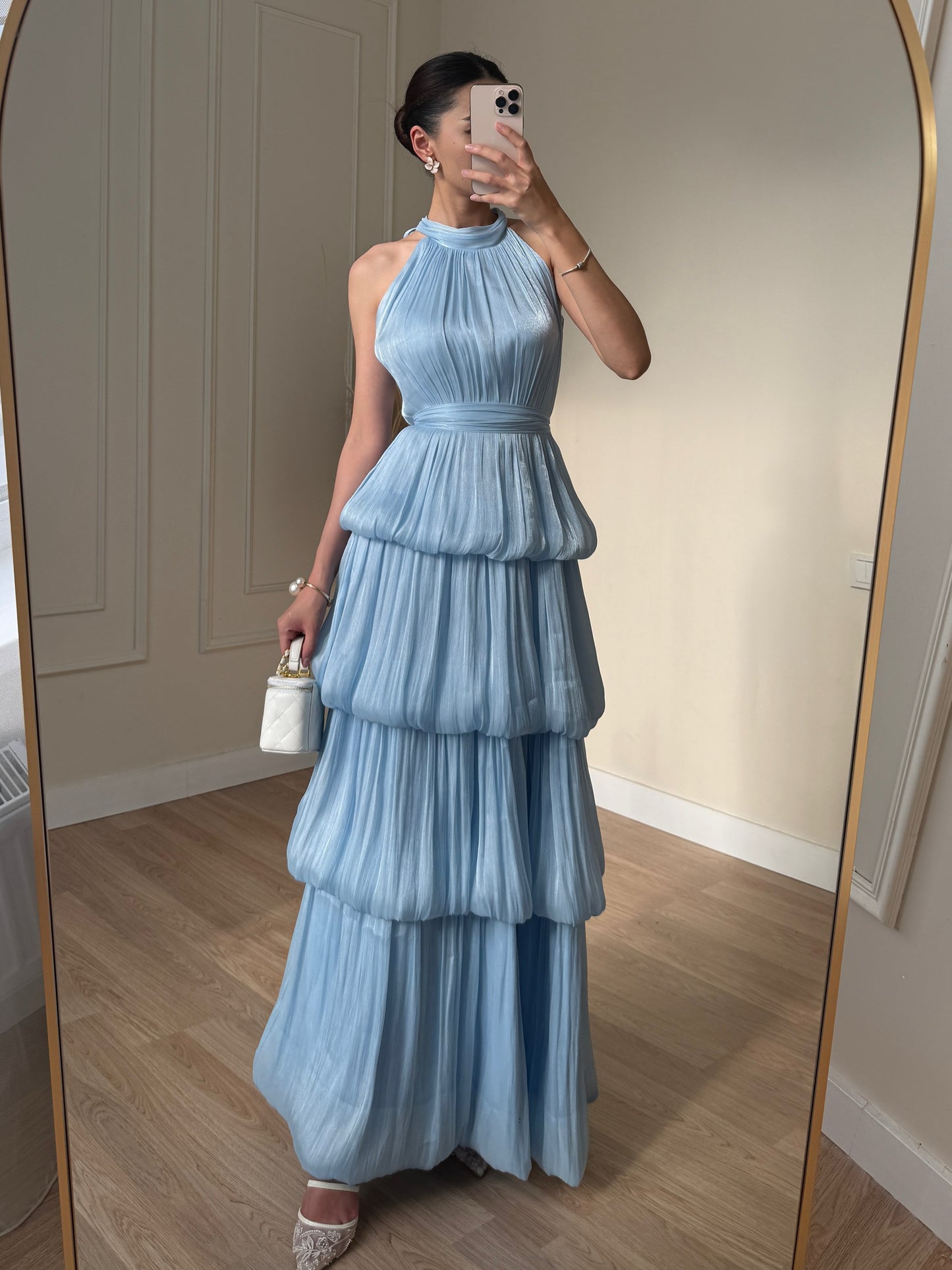 Shimmer Pleated Halter Tiered Gown