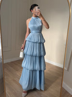 Shimmer Pleated Halter Tiered Gown