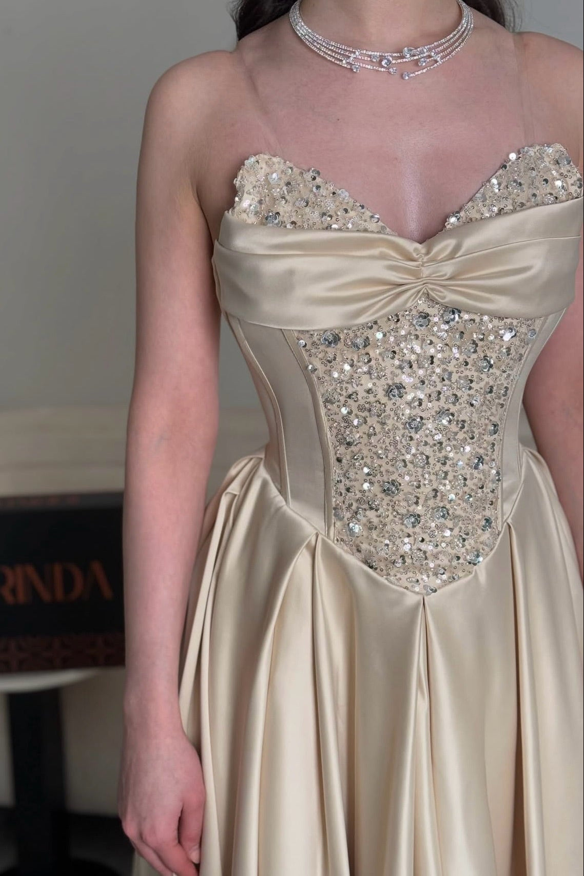 Beaded Corset Evening Gown with Front Slit