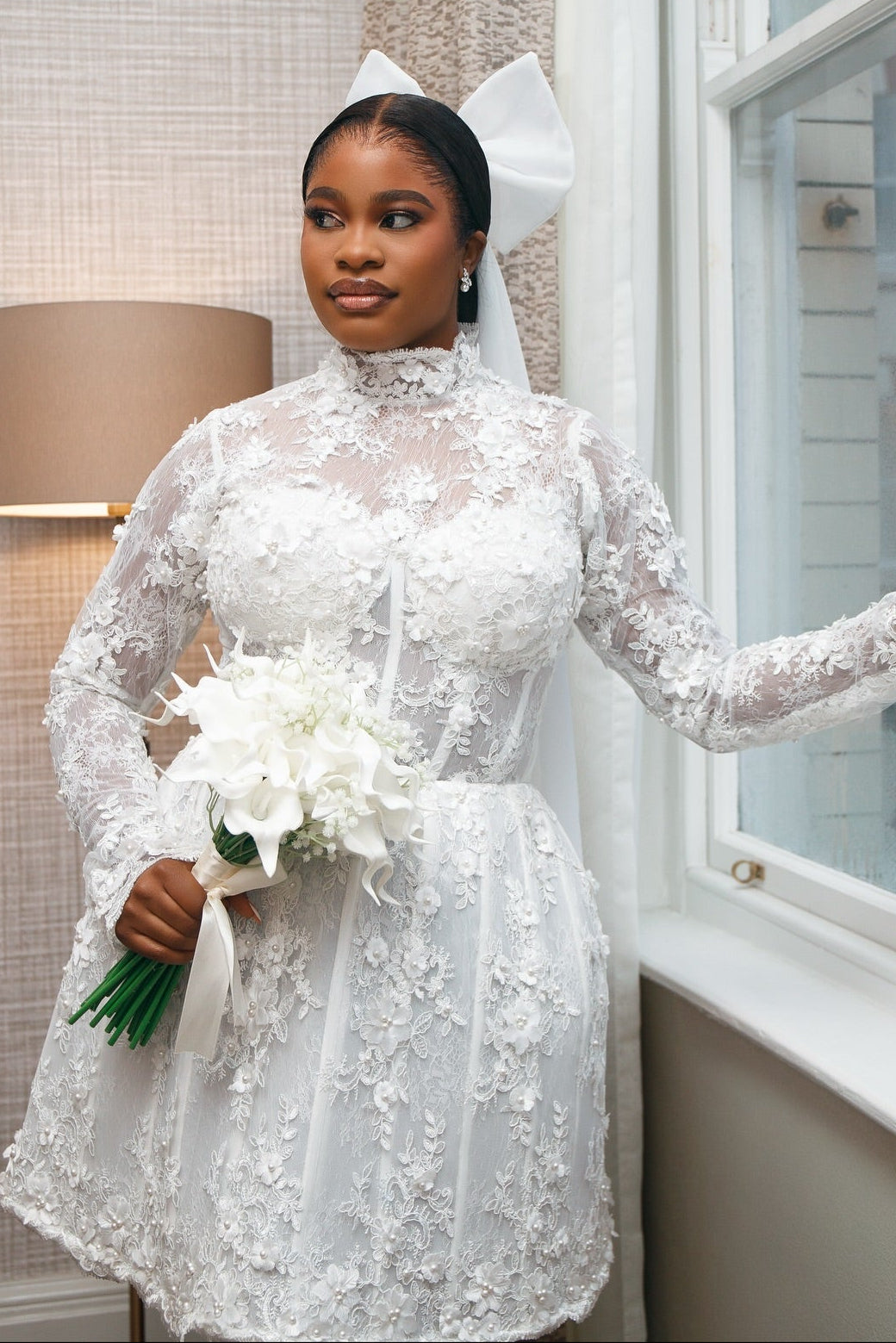 High Neck Lace Mini Wedding Dress with Long Sleeves