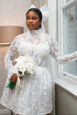 High Neck Lace Mini Wedding Dress with Long Sleeves