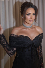 Off Shoulder Lace Corset Gown with Beaded Fringe