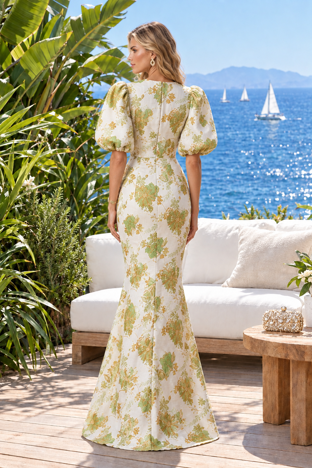Floral Jacquard High Neck Puff Sleeve Gown
