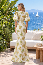 Floral Jacquard High Neck Puff Sleeve Gown