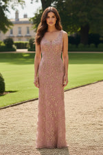 Floral Beaded V-Neck Column Evening Gown