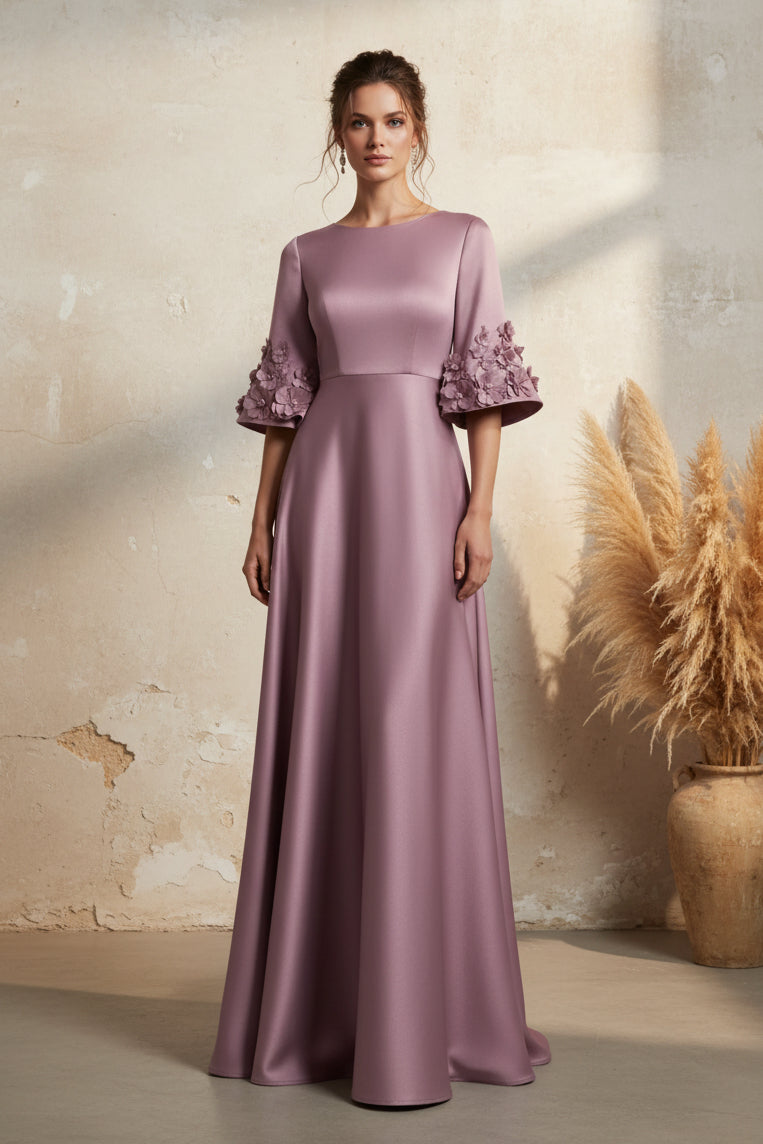 Satin A-Line Evening Gown with 3D Floral Bell Sleeves