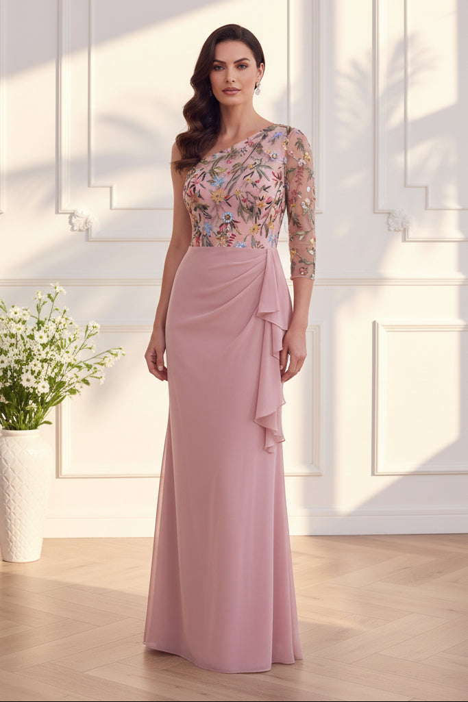 One-Shoulder Embroidered Evening Gown
