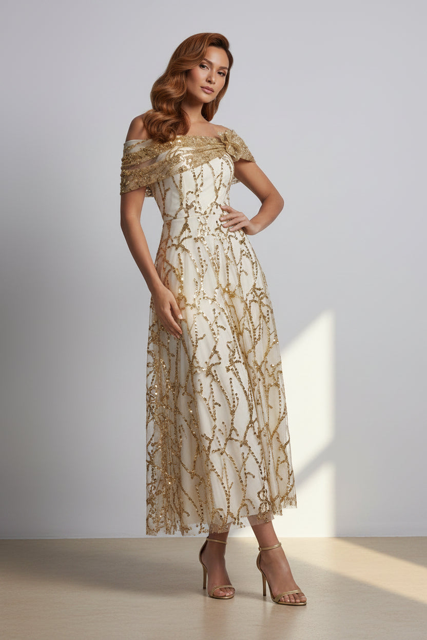 Off-the-Shoulder Sequin Lace A-Line Midi Dress