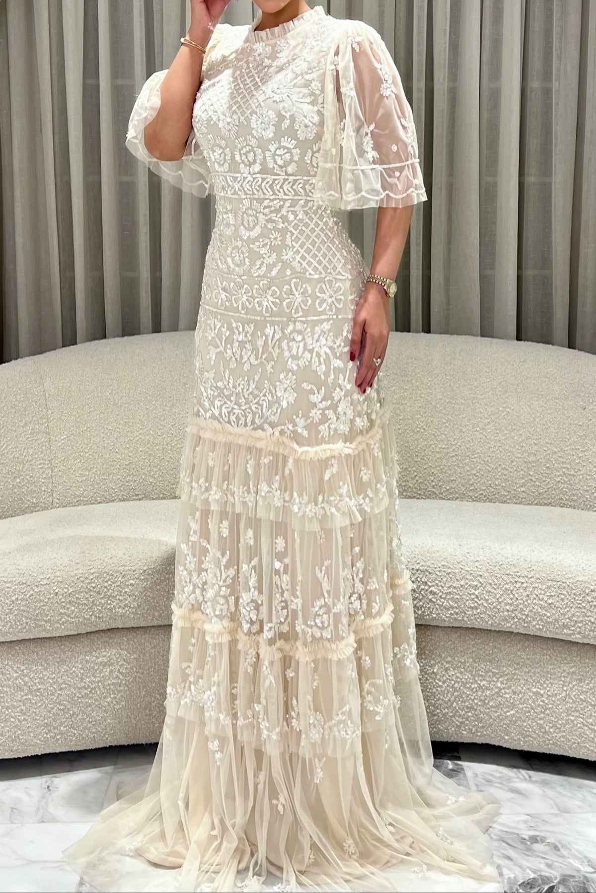 Embroidered Tiered Gown with Flutter Sleeves