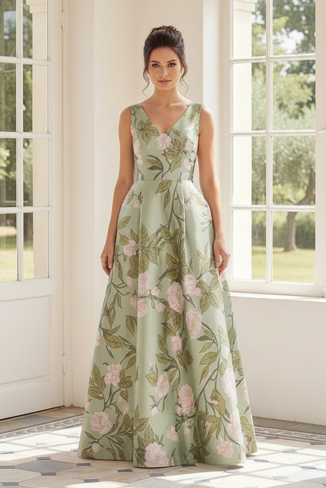 Floral Print V-Neck A-Line Gown with Pockets