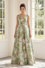 Floral Print V-Neck A-Line Gown with Pockets