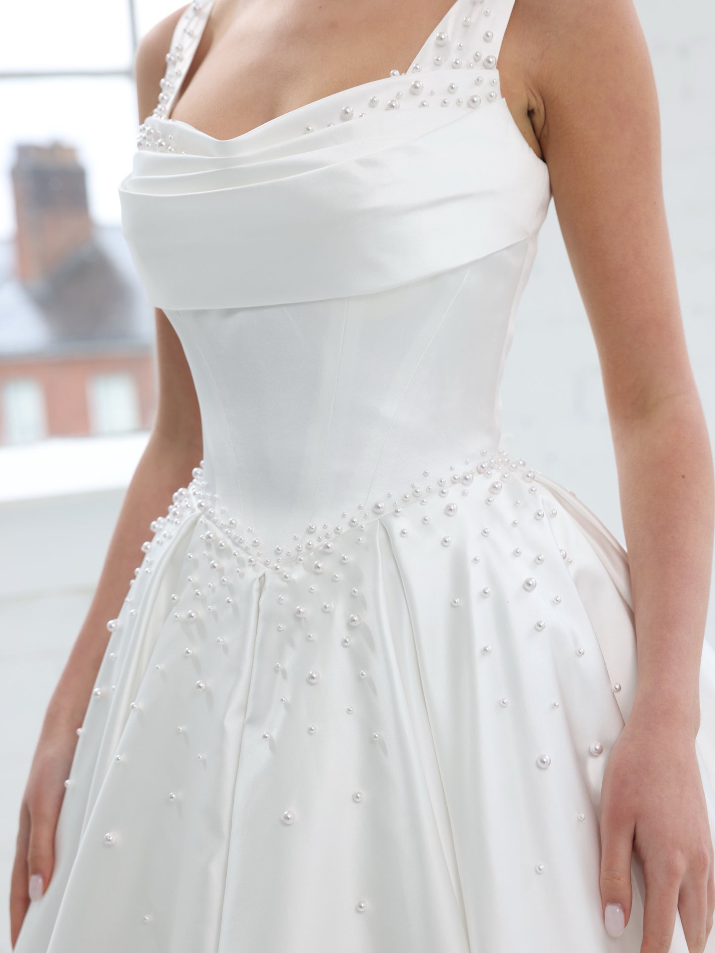Pearl-Embellished Satin Ball Gown Wedding Dress