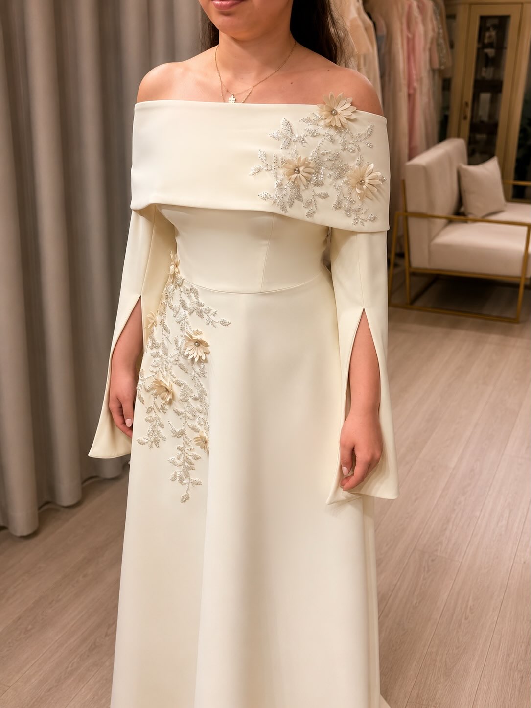 Off-Shoulder Floral Applique A-Line Gown