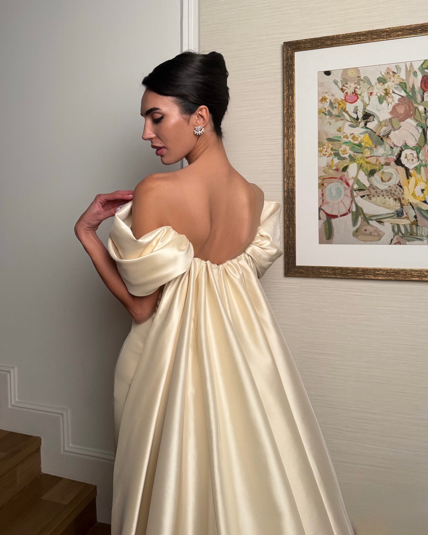 Off-the-Shoulder Satin Wedding Dress with Watteau Train