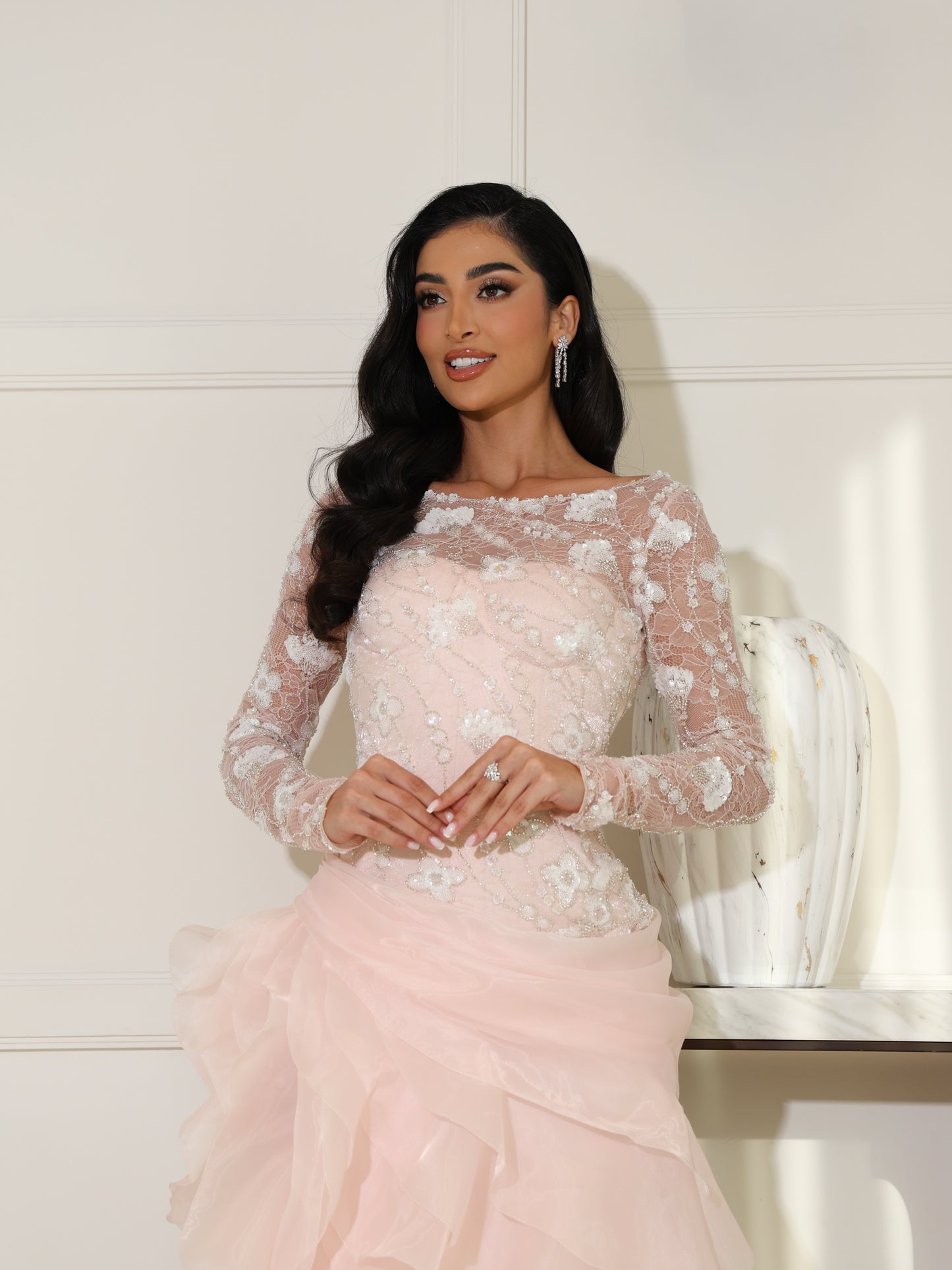 Illusion Lace Long Sleeve Ruffle Gown