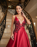 Plunging Deep V-Neck Beaded Satin A-Line Evening Gown