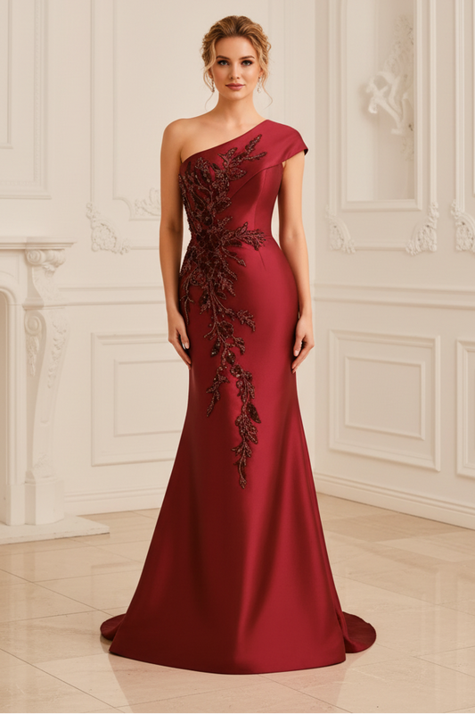 One-Shoulder Beaded Mermaid Evening Gown