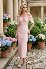 Off-the-Shoulder 3D Floral Column Dress