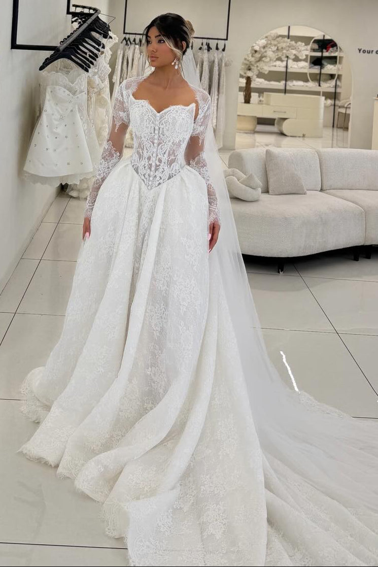 Long Sleeve Lace Corset Ball Gown Wedding Dress