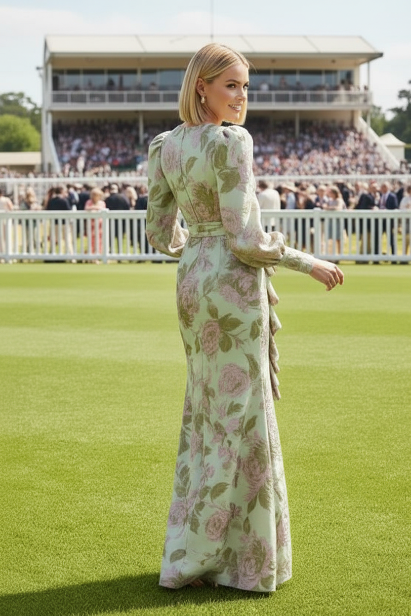Floral Jacquard Long Sleeve Gown with Ruffle Slit