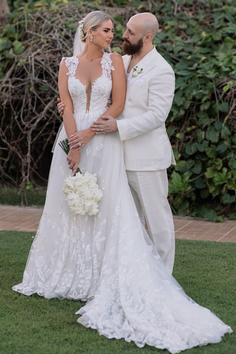 Plunging V-Neck Lace Applique A-Line Wedding Dress