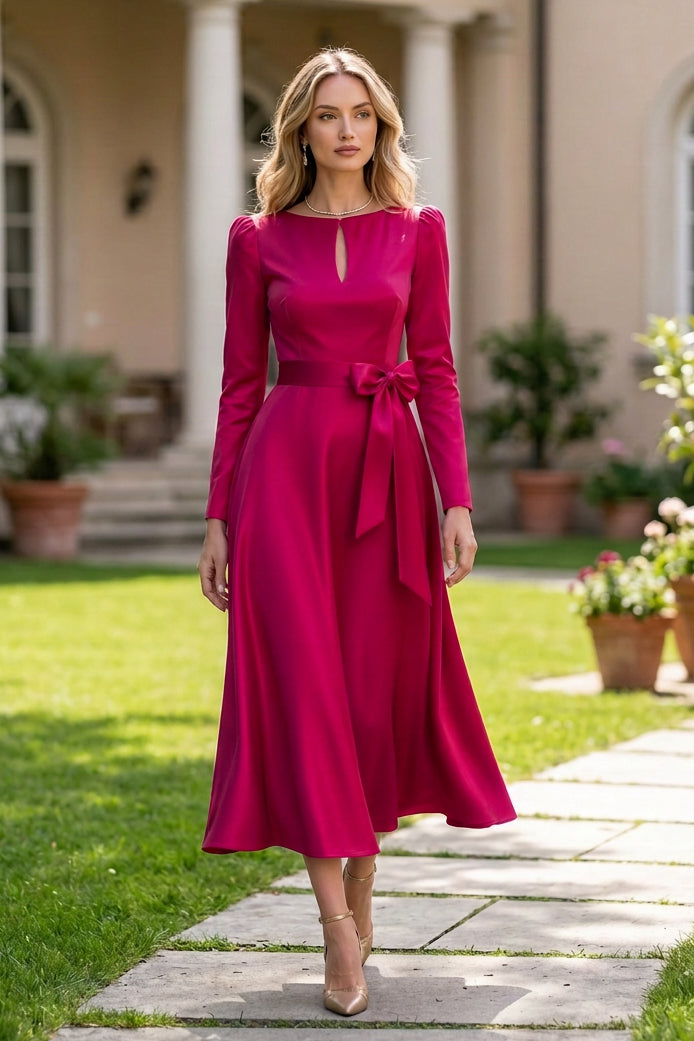 A-Line Midi Dress with Keyhole Cutout and Bow Belt