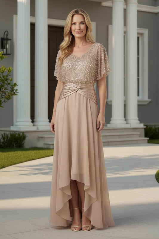 V-Neck Flutter Sleeve High-Low Evening Gown