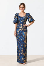Puff Sleeve Metallic Jacquard Column Gown
