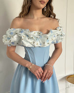 Off-the-Shoulder Corset Midi Dress with Floral Ruffle