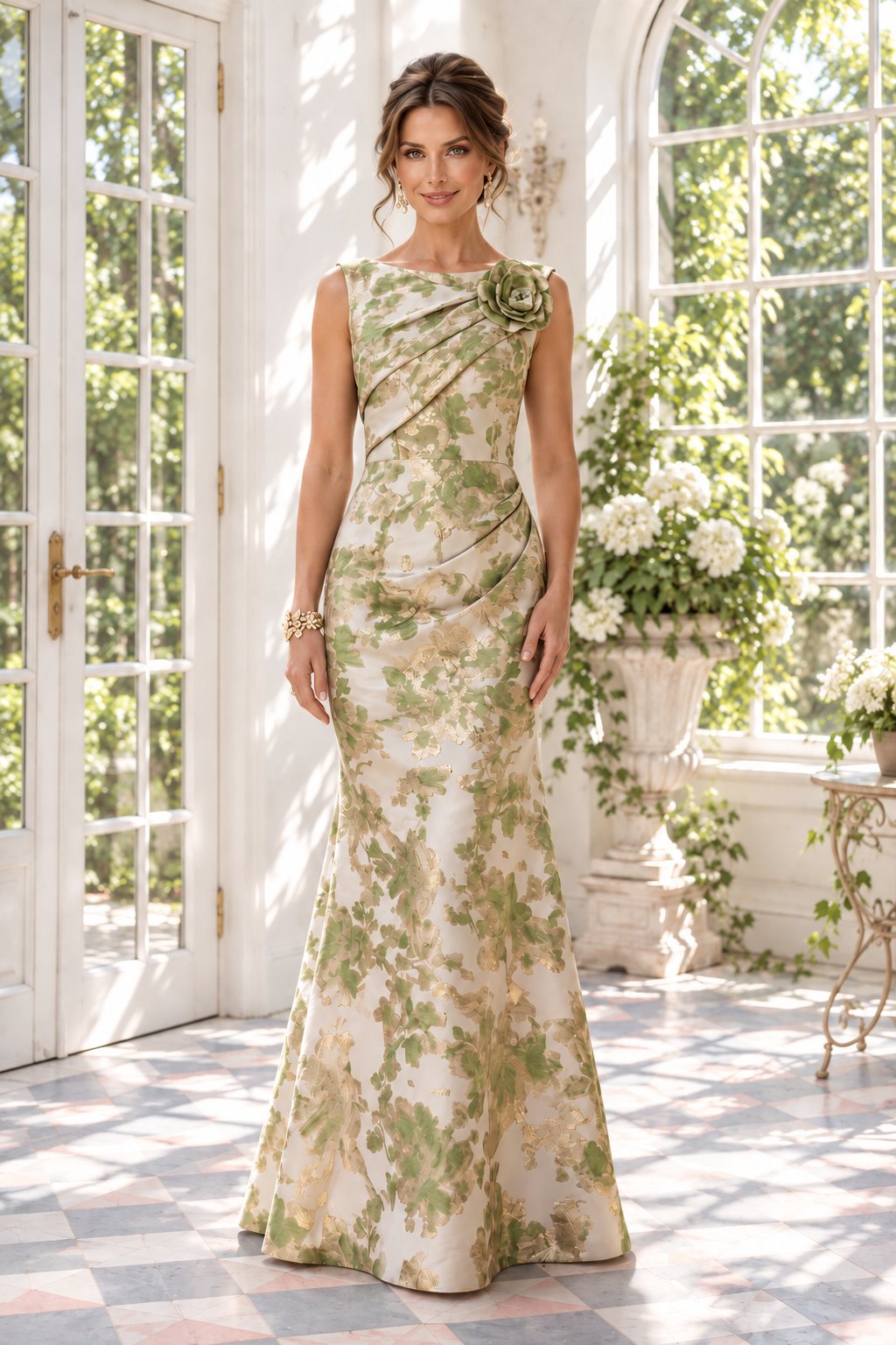 Floral Jacquard Pleated Trumpet Evening Gown