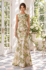 Floral Jacquard Pleated Trumpet Evening Gown