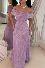 Off-the-Shoulder Beaded Sheath Evening Gown