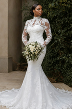 High Neck Mermaid Lace Wedding Dress with Long Sleeves