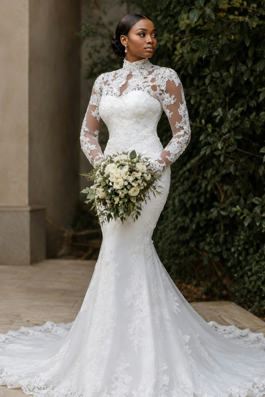 High Neck Mermaid Lace Wedding Dress with Long Sleeves