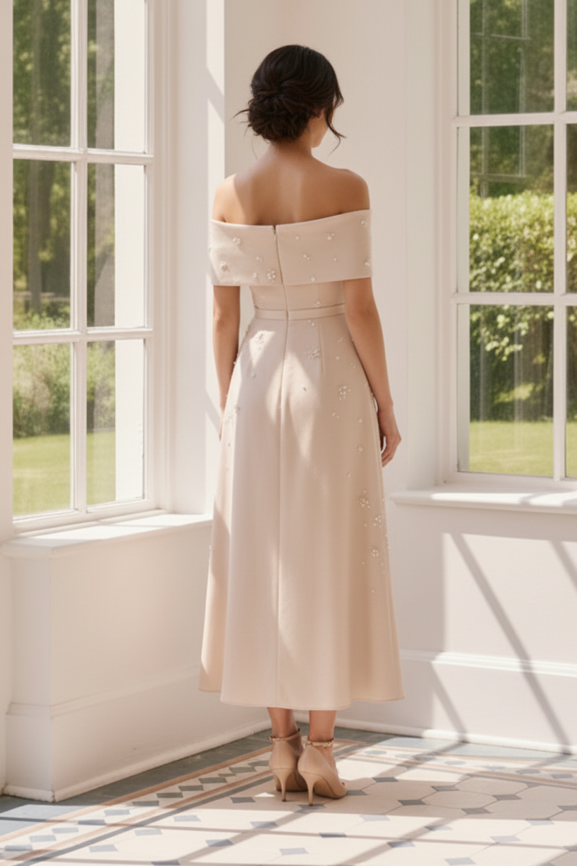 Off the Shoulder Pearl Embellished Midi Dress