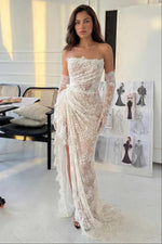Strapless Ruched Lace Bridal Dress with Slit