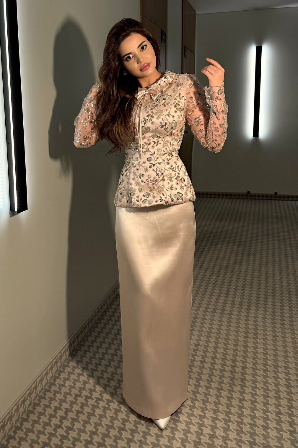 Embellished Peplum Top and Satin Maxi Skirt Set