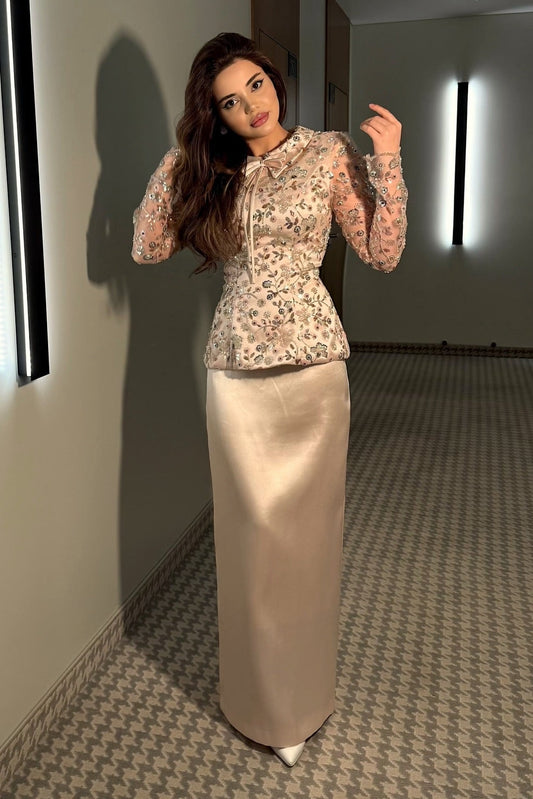 Embellished Peplum Top and Satin Maxi Skirt Set